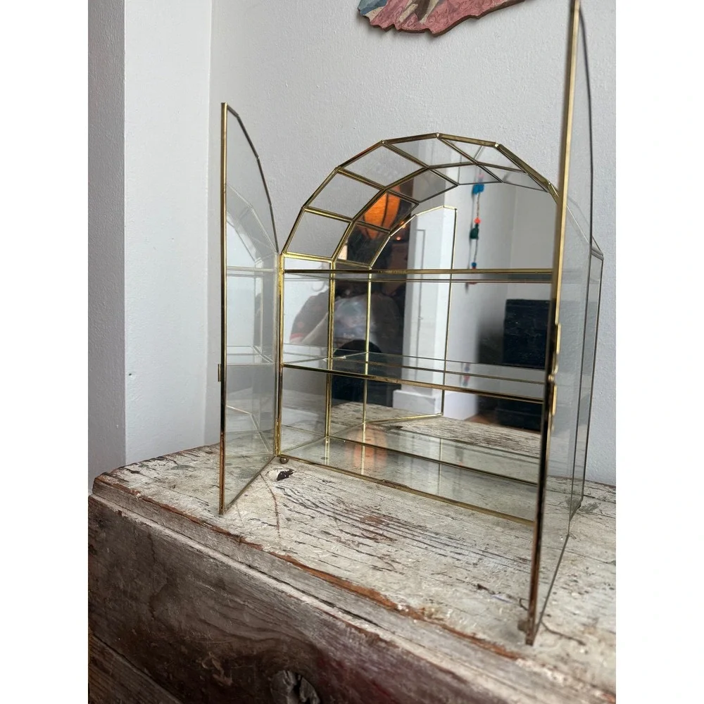 Vintage Franklin Brass Glass Arched Display Case Mirrored Back Curio Cabinet